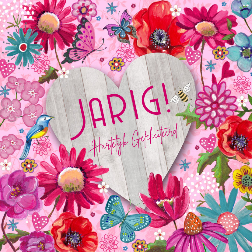 Gefeliciteerd HOUT hart Vrolijk Bloemen - Verjaardagskaarten Verjaardagskaarten - Gefeliciteerd HOUT hart Vrolijk Bloemen