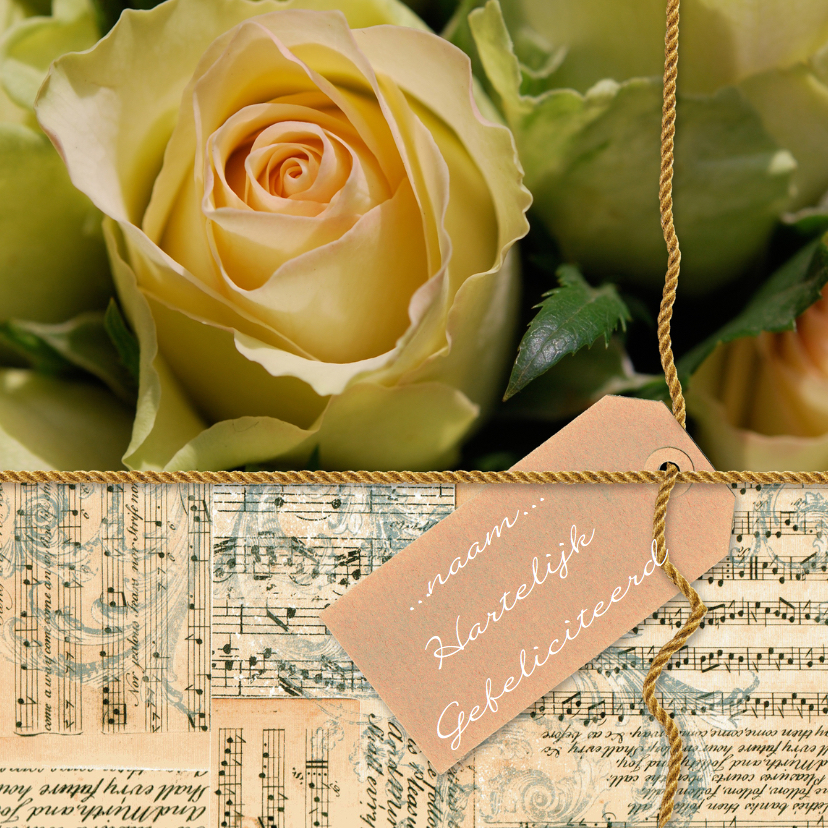 Gele roos noten label gouden touw - Verjaardagskaarten Verjaardagskaarten - Gele roos noten label gouden touw