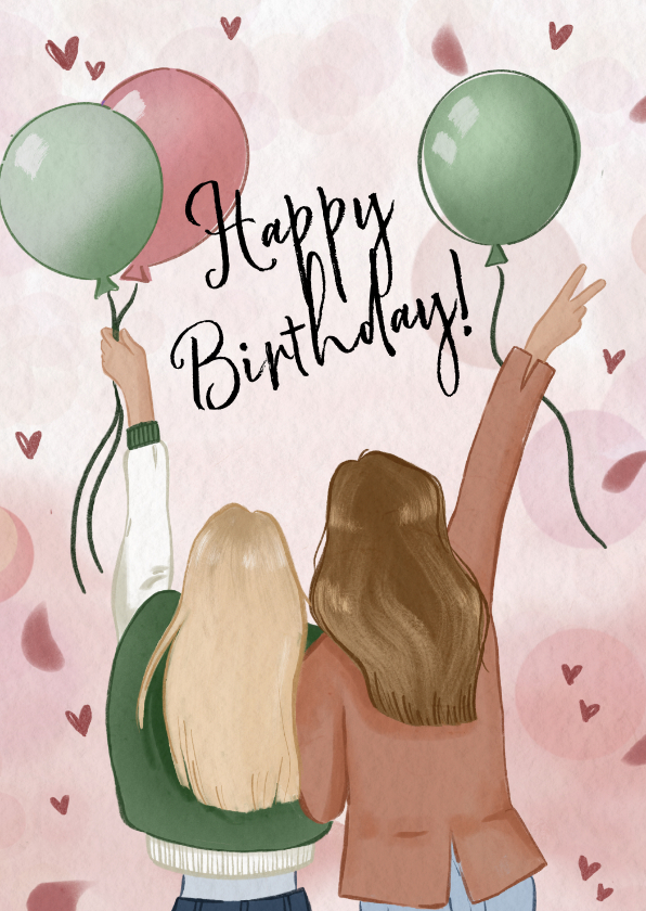 Verjaardagskaarten - Getekende verjaardagskaart vriendinnen met ballonnen