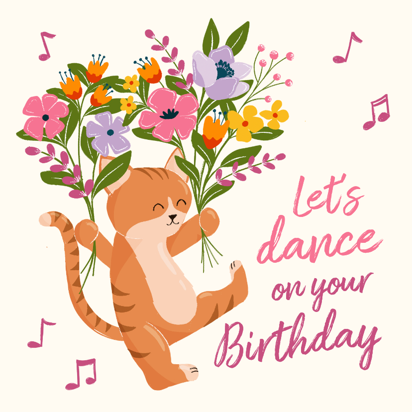 Verjaardagskaarten - Gezellige verjaardagskaart met dansende kat met bloemen