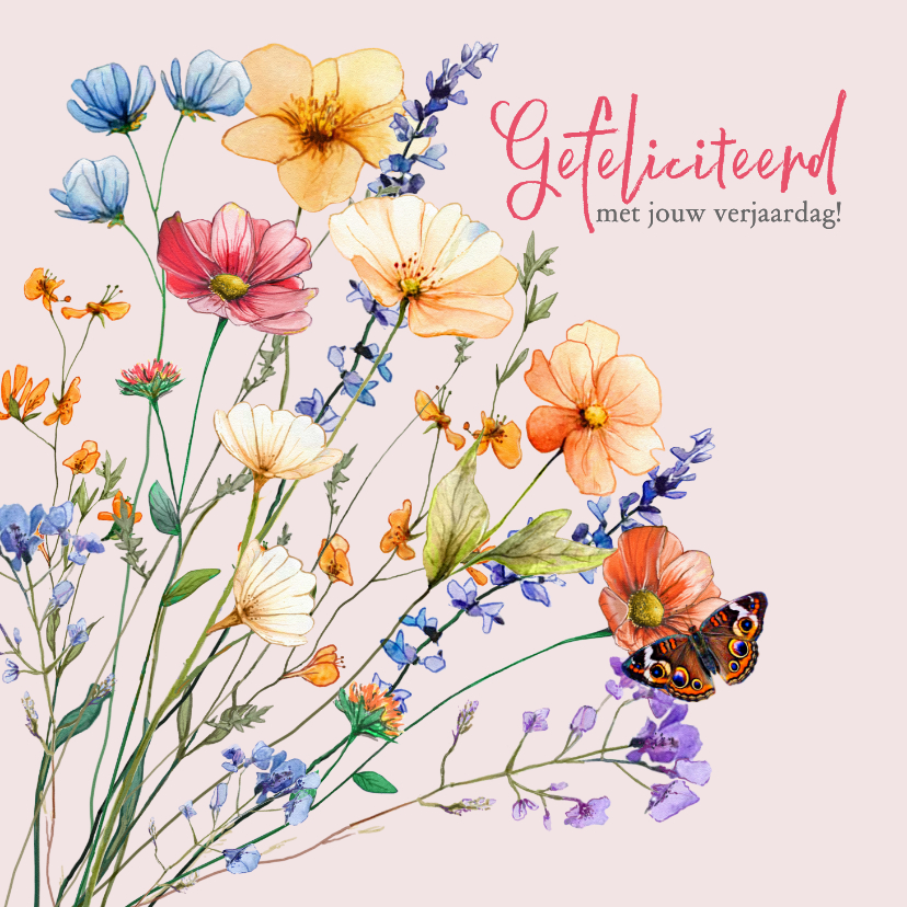 Verjaardagskaarten - Gezellige verjaardagskaart met getekende voorjaarsbloemen