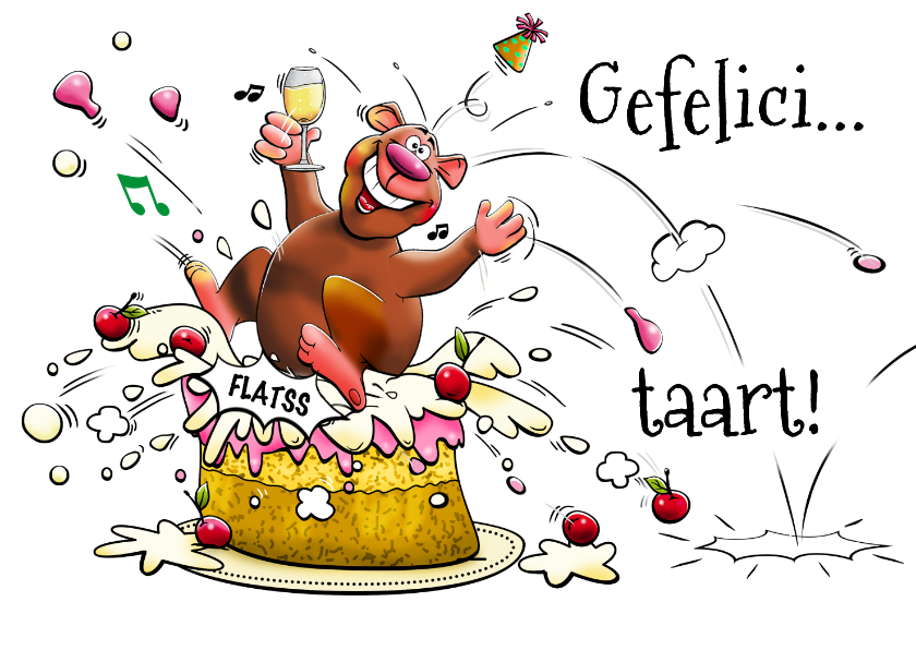 Grappig kaart met olifant die in een grote taart springt, - Verjaardagskaarten Verjaardagskaarten - Grappig kaart met olifant die in een grote taart springt,