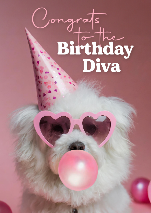 Verjaardagskaarten - Grappig roze verjaardagskaartje met hondje met bril diva