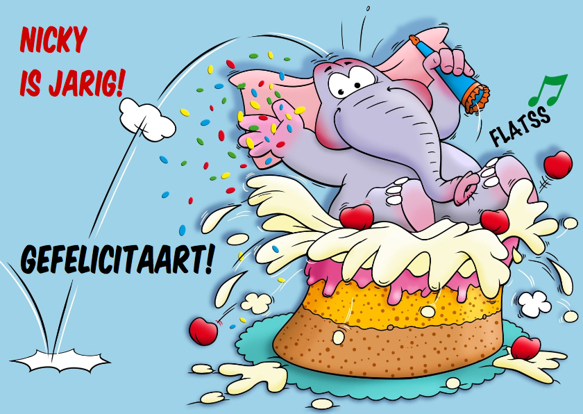 Verjaardagskaarten - Grappige verjaardagkaart met olifant springt in taart