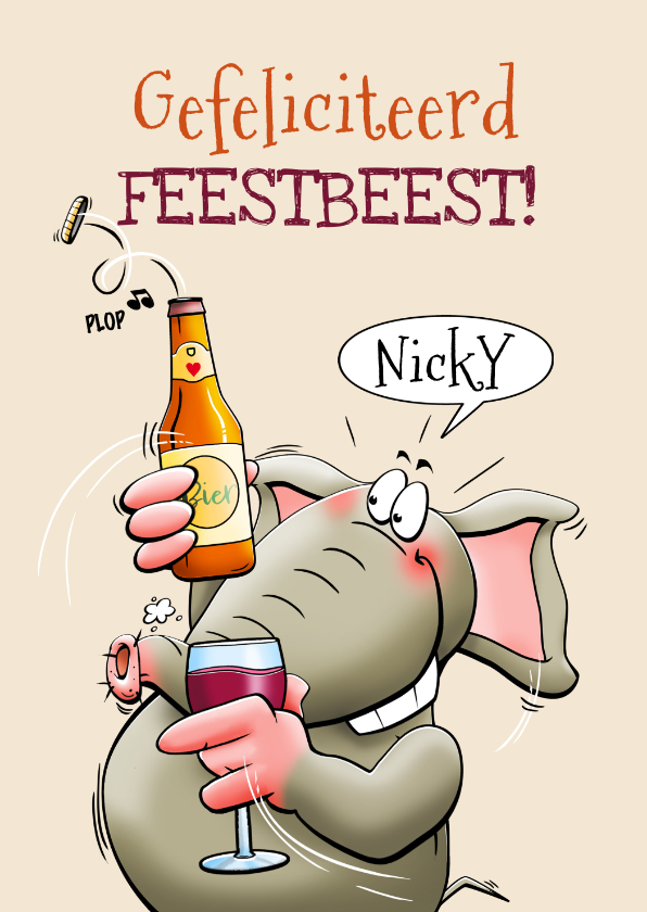 Verjaardagskaarten - Grappige verjaardagskaart feestbeest olifant en bier en wijn