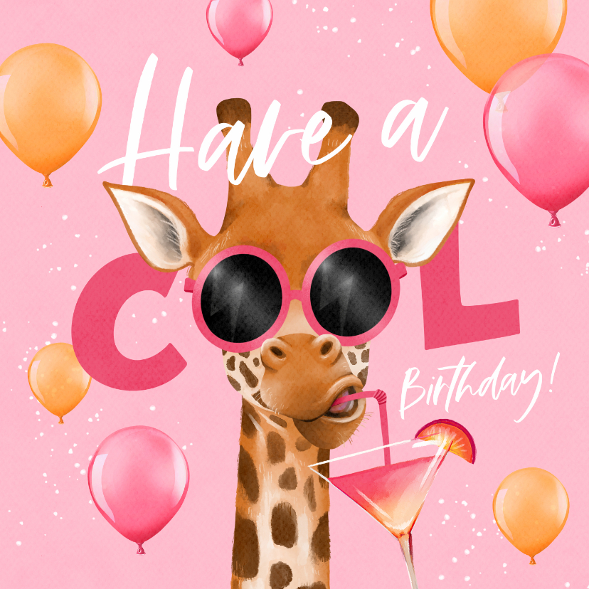 Verjaardagskaarten - Grappige verjaardagskaart giraf cocktail zomer ballonnen