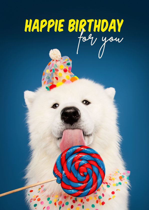 Grappige verjaardagskaart hond met lolly en feest kraag - Verjaardagskaarten Verjaardagskaarten - Grappige verjaardagskaart hond met lolly en feest kraag