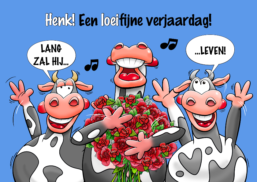 Verjaardagskaarten - Grappige verjaardagskaart met 3 koeien en rozen voor een man