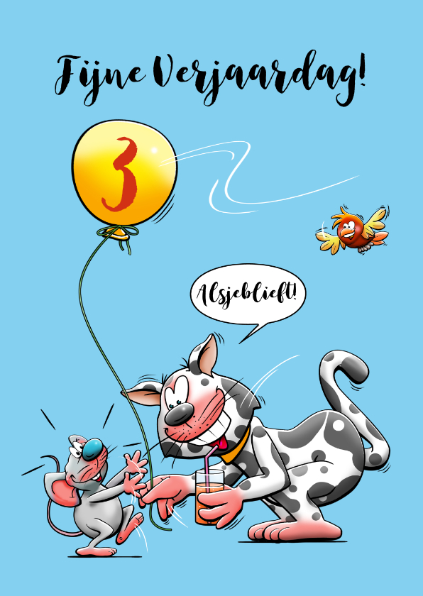 Verjaardagskaarten - Grappige verjaardagskaart met ballon vogel poes en muisje