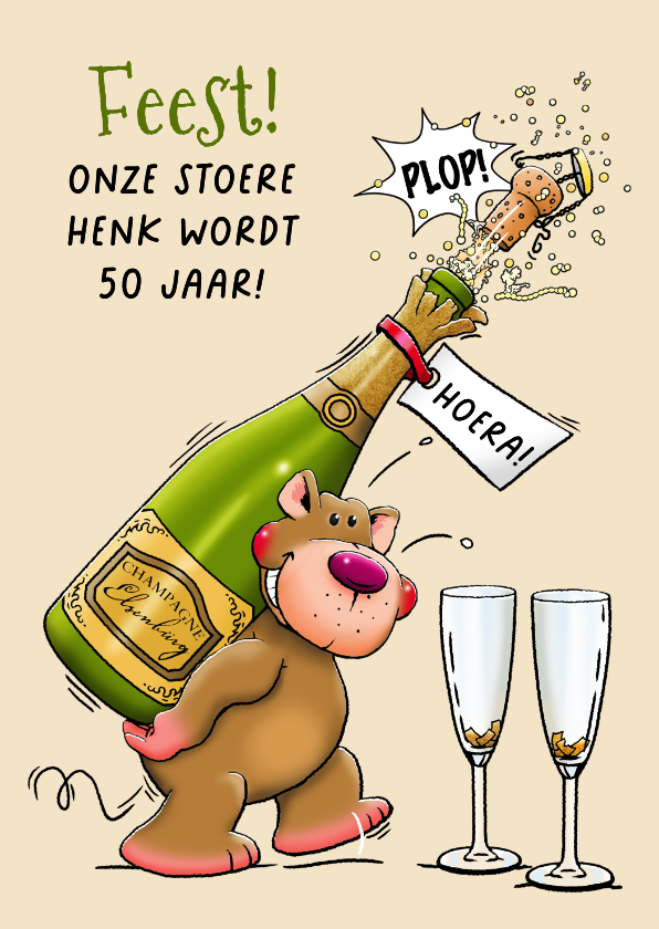 Verjaardagskaarten - Grappige verjaardagskaart met beer en champagne