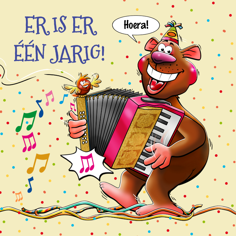 Verjaardagskaarten - Grappige verjaardagskaart met een dikke beer met accordeon