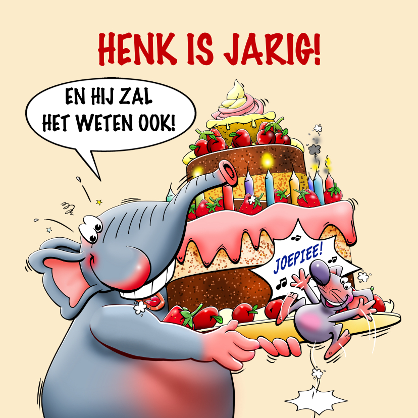 Verjaardagskaarten - Grappige verjaardagskaart met een olifant en grote taart