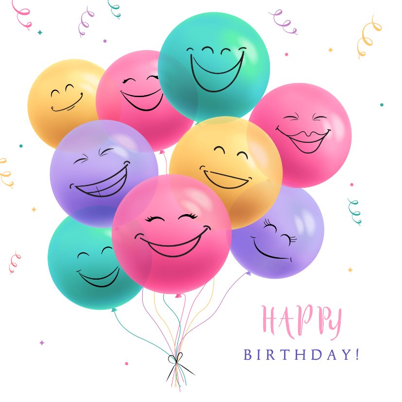 Grappige verjaardagskaart met gekleurde smiley ballonnen - Verjaardagskaarten Verjaardagskaarten - Grappige verjaardagskaart met gekleurde smiley ballonnen