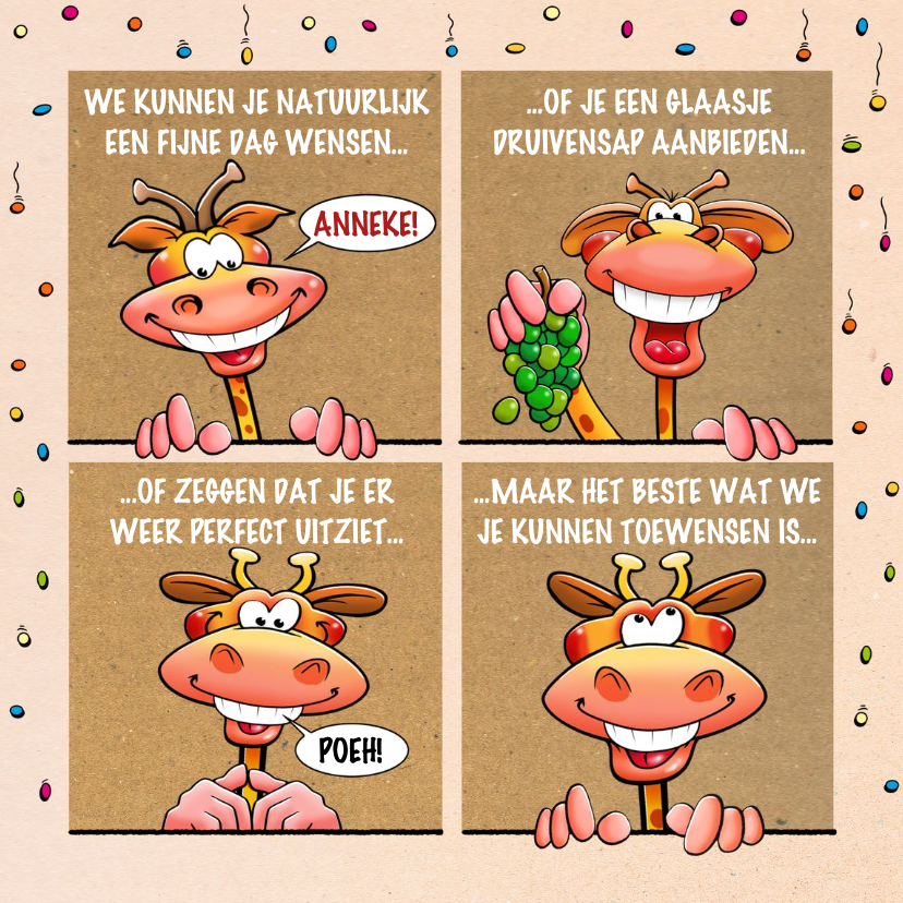Verjaardagskaarten - Grappige verjaardagskaart met giraffen in 4 ramen