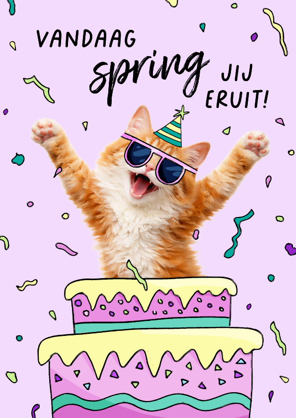 Verjaardagskaarten - Grappige verjaardagskaart met kat die uit taart springt