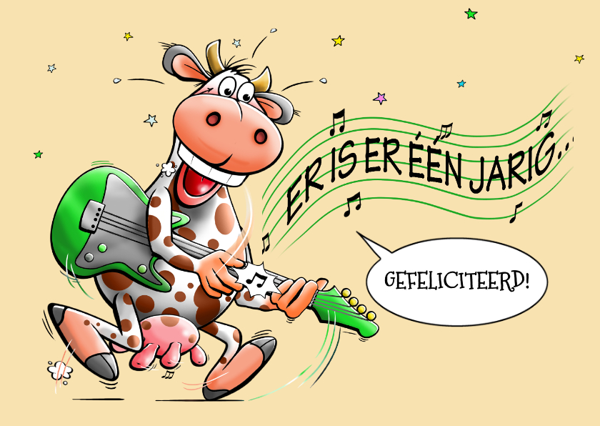 Verjaardagskaarten - Grappige verjaardagskaart met koe die lekker gitaar speelt