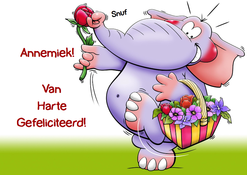 Verjaardagskaarten - Grappige verjaardagskaart met olifant en een mandje bloemen
