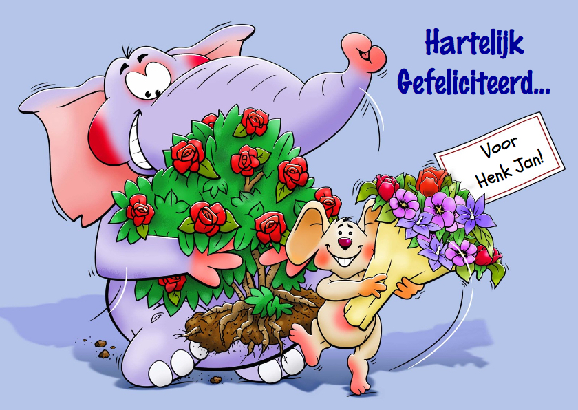 Verjaardagskaarten - Grappige verjaardagskaart met olifant en muis en bloemen