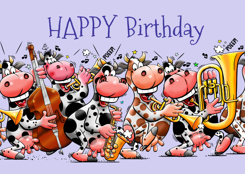 Verjaardagskaarten - Grappige verjaardagskaart met zes koeien die muziek maken