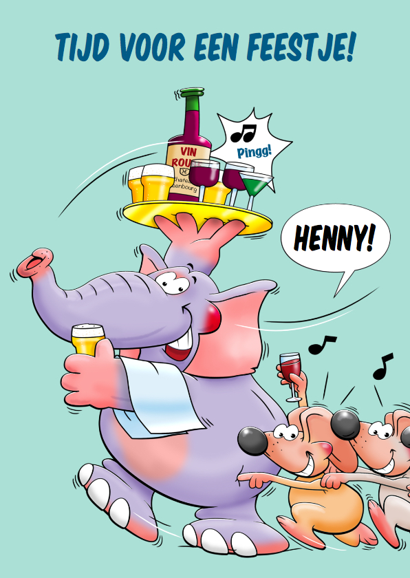 Verjaardagskaarten - Grappige verjaardagskaart olifant met blad drankjes