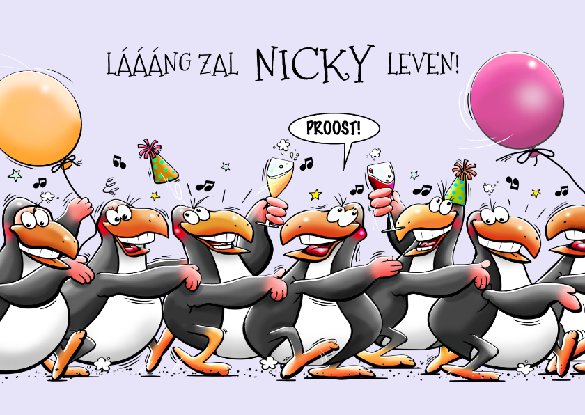 Verjaardagskaarten - Grappige verjaardagskaart pinguïns met ballonnen en drankje