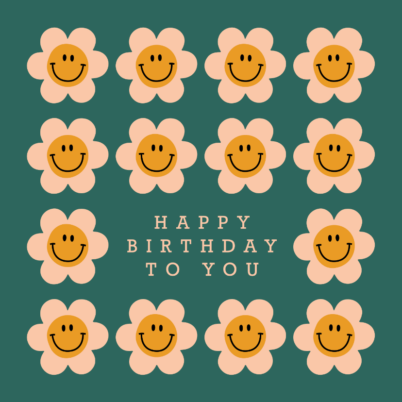 Groovy verjaardagskaartje met retro smiley bloemen - Verjaardagskaarten Verjaardagskaarten - Groovy verjaardagskaartje met retro smiley bloemen