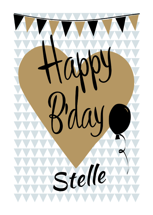 Happy B'day op hart met slingers en met eigen naam - Verjaardagskaarten Verjaardagskaarten - Happy B'day op hart met slingers en met eigen naam