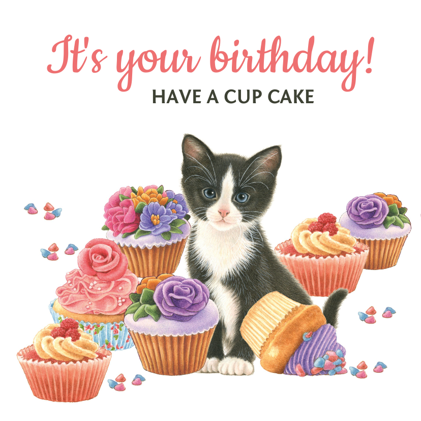 Verjaardagskaarten - Happy birthday cupcake met kitten