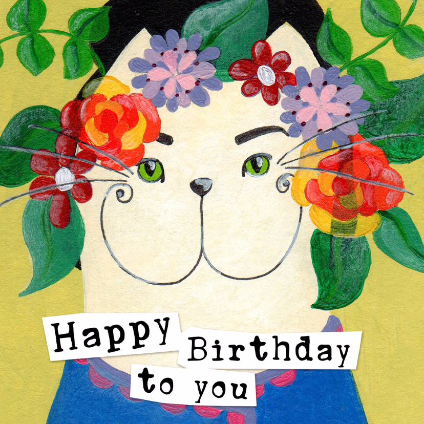 Verjaardagskaarten - Happy Birthday Kat bloemen