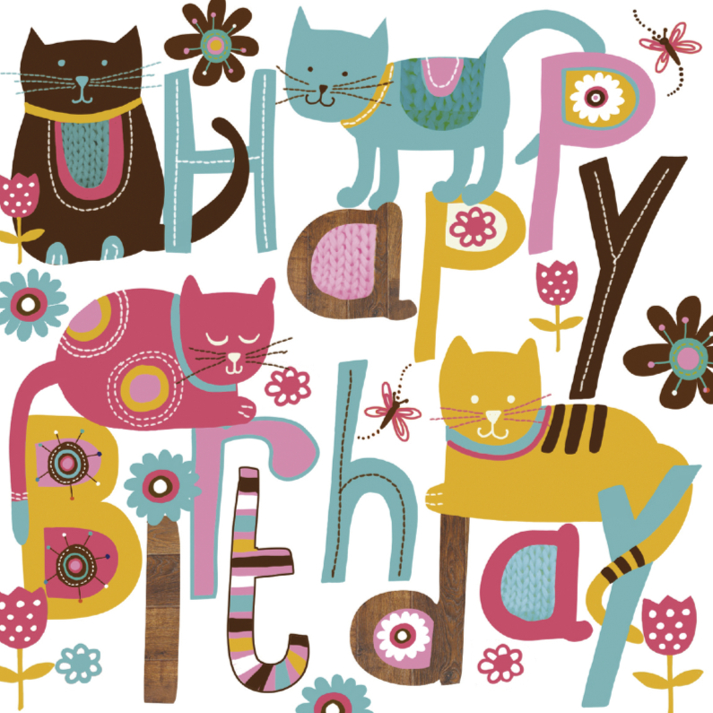 Verjaardagskaarten - Happy Birthday tekst met leuke katten