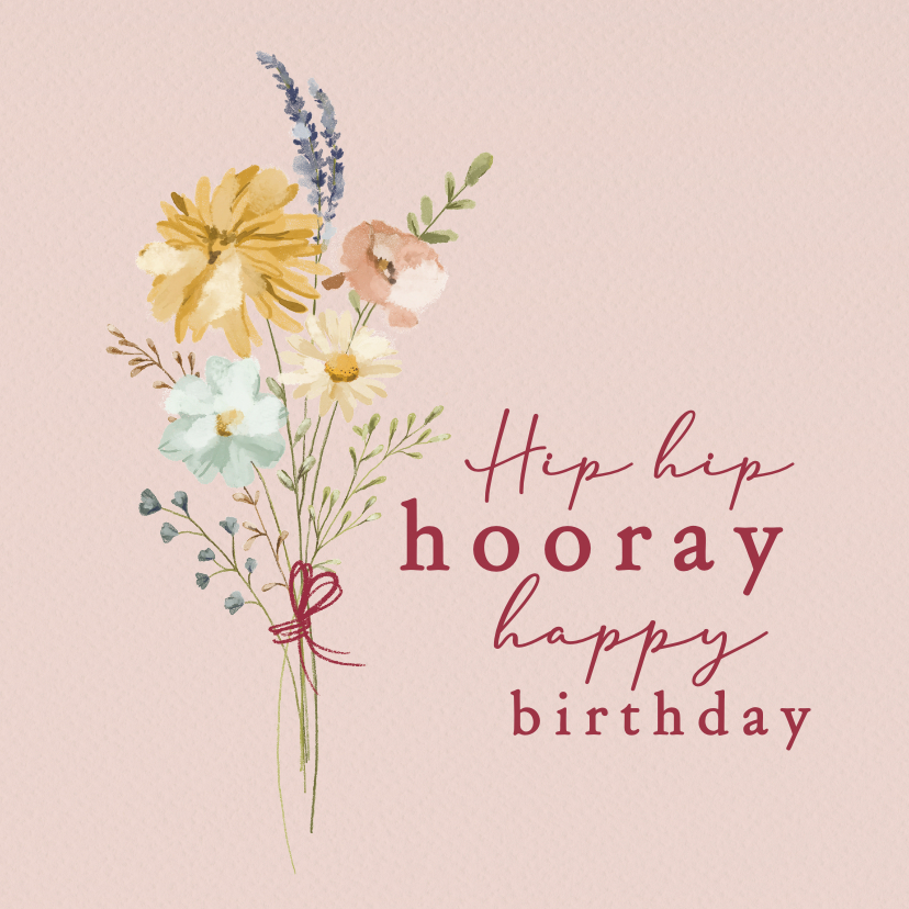 Verjaardagskaarten - Hip hip hooray verjaardag bos bloemen getekend