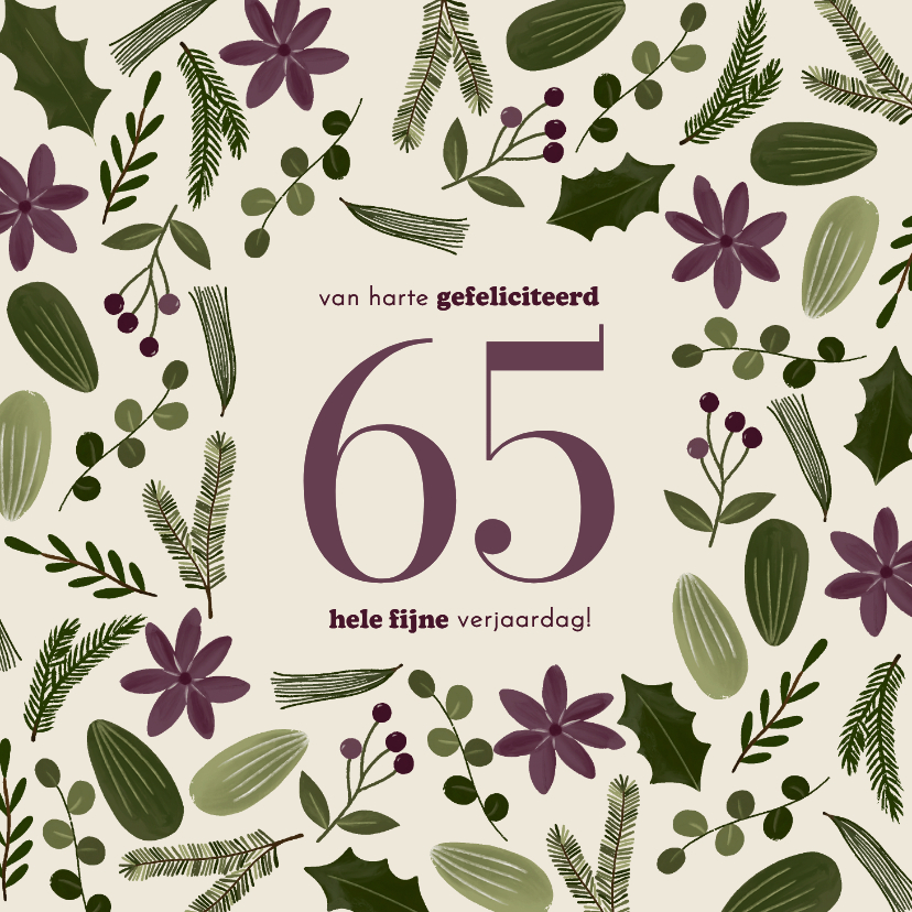 Verjaardagskaarten - Hip verjaardagskaartje botanisch vrouw 65 jaar