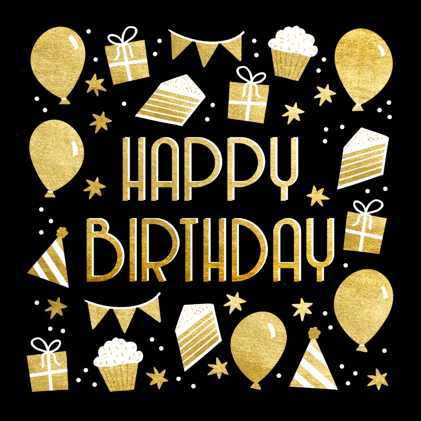 Verjaardagskaarten - Hip verjaardagskaartje zwart met goud en wit happy birthday