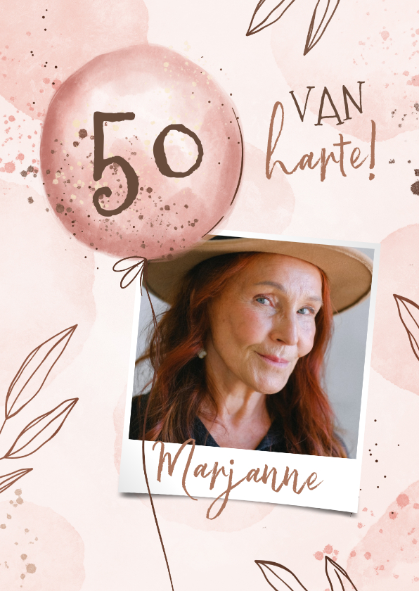 Verjaardagskaarten - Hippe roze verjaardagskaart met foto leeftijd en ballonnen