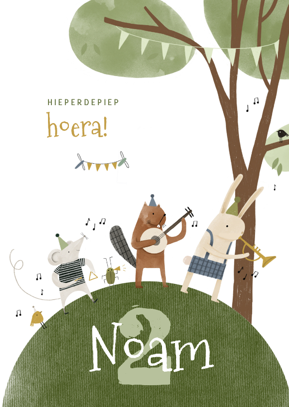 Verjaardagskaarten - Hippe verjaardagskaart 2 jaar wereld en dieren muziek feest