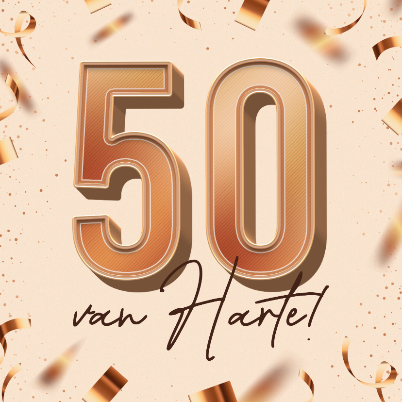 Hippe verjaardagskaart 50 koper 3d van harte confetti - Verjaardagskaarten Verjaardagskaarten - Hippe verjaardagskaart 50 koper 3d van harte confetti