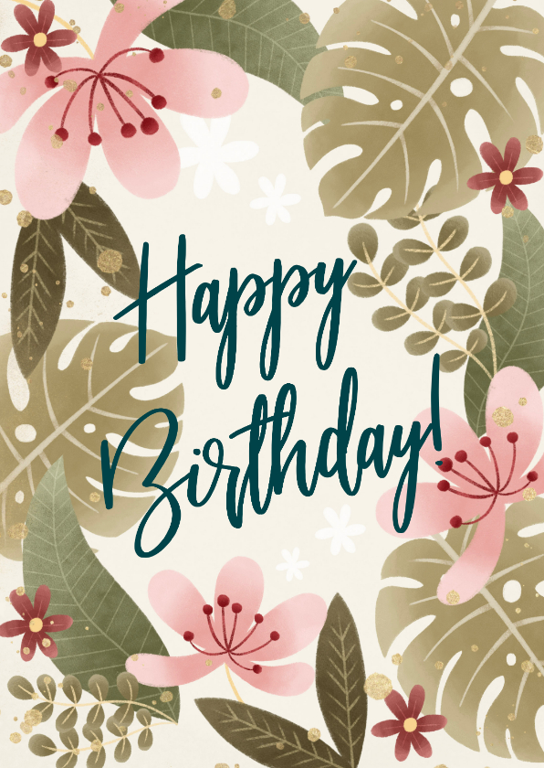 Verjaardagskaarten - Hippe verjaardagskaart met bloemen, planten Happy Birthday!