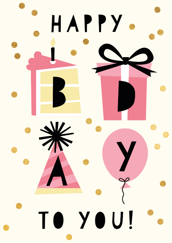Verjaardagskaarten - Hippe verjaardagskaart met taart, cadeau, hoed en ballon