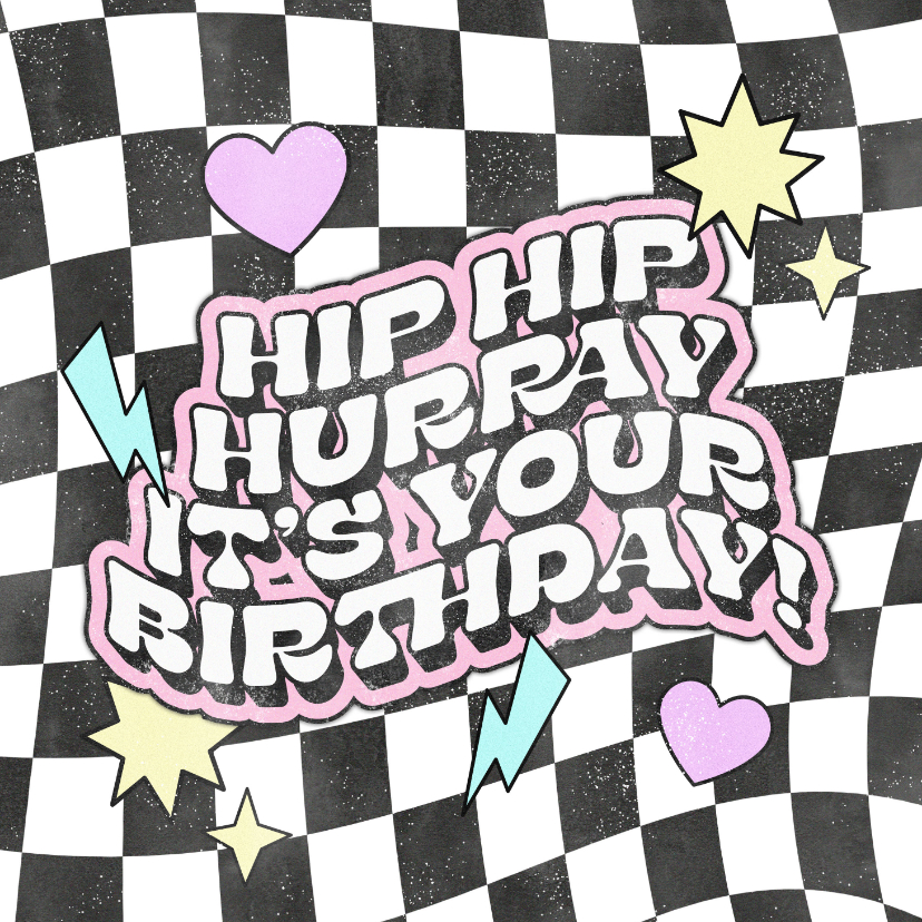 Verjaardagskaarten - Hippe verjaardagskaart typografie, blokjes en hartjes