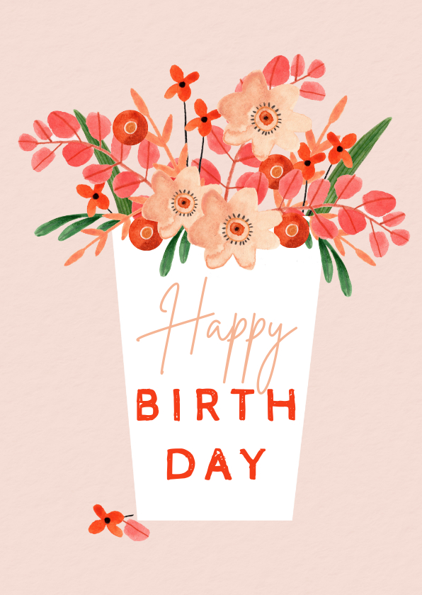 Verjaardagskaarten - Hippe verjaardagskaart vrouw bloemen in vaas roze oranje