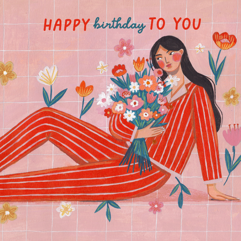 Hippe verjaardagskaart vrouw met bloemenboeket - Verjaardagskaarten Verjaardagskaarten - Hippe verjaardagskaart vrouw met bloemenboeket