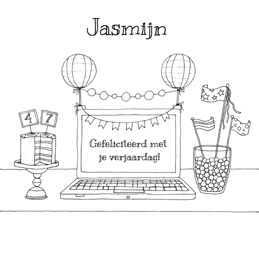 Jarig laptop kleurkaart - HR - Verjaardagskaarten Verjaardagskaarten - Jarig laptop kleurkaart - HR