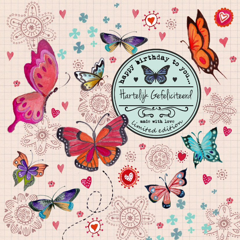Verjaardagskaarten - Jarig Meisje Bloemen Vlinder Label Beige