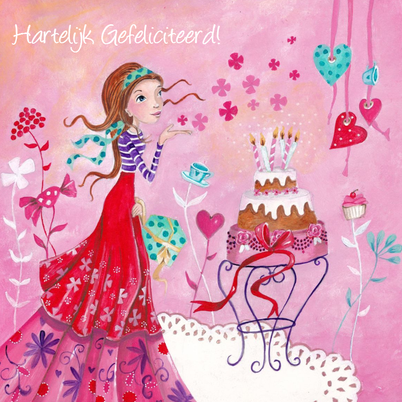 Verjaardagskaarten - Jarig Meisje Taart Roze Illustratie