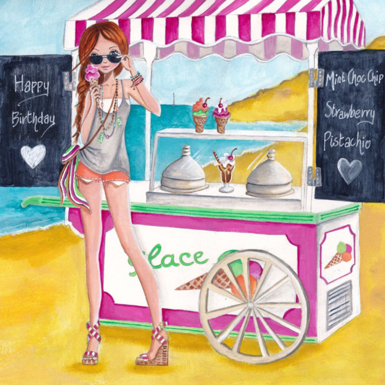 Verjaardagskaarten - Jarig strand ijs zomerse illustratie