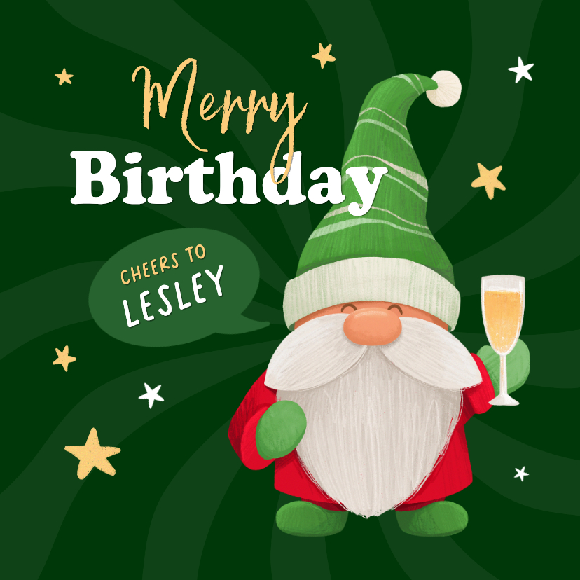 Verjaardagskaarten - Kerst verjaardagskaart gnome kabouter champagne proost