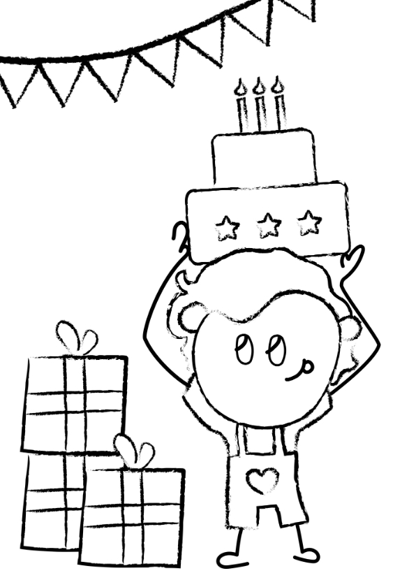 Verjaardagskaarten - Kleurplaat kaart feestje jarige met taart en cadeaus
