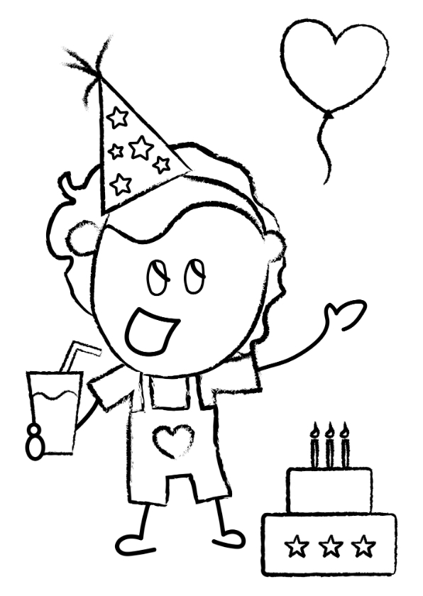 Verjaardagskaarten - Kleurplaat kaart jarige met taart, drinken en een feesthoed