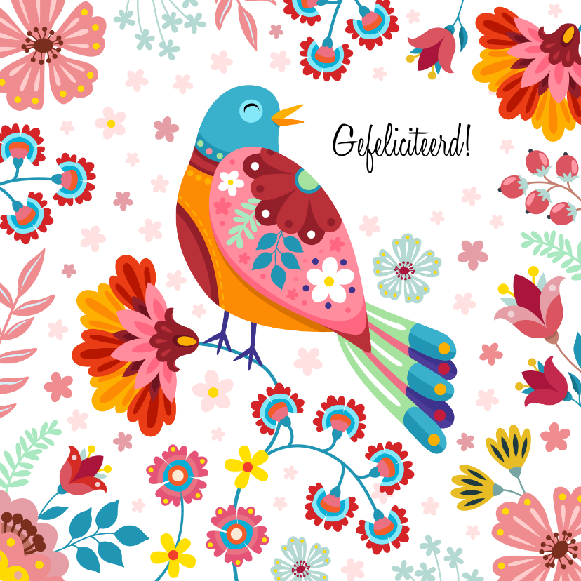 Verjaardagskaarten - Kleurrijke botanische verjaardagskaart vogel