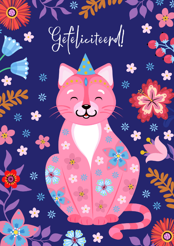 Verjaardagskaarten - Kleurrijke en vrolijke kat verjaardagskaart met bloemen 